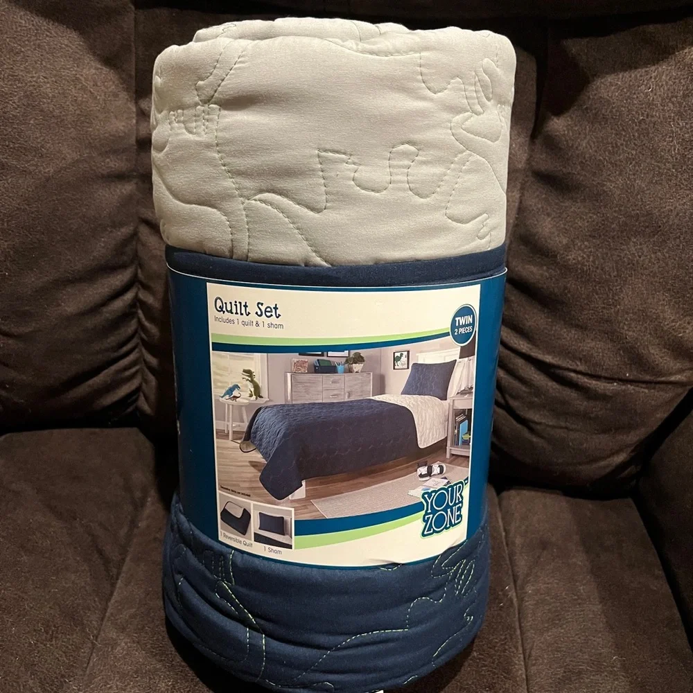 Your Zone Twin Quilt Set With Pillow Sham Navy Blue Grey Dinosaurs Boys